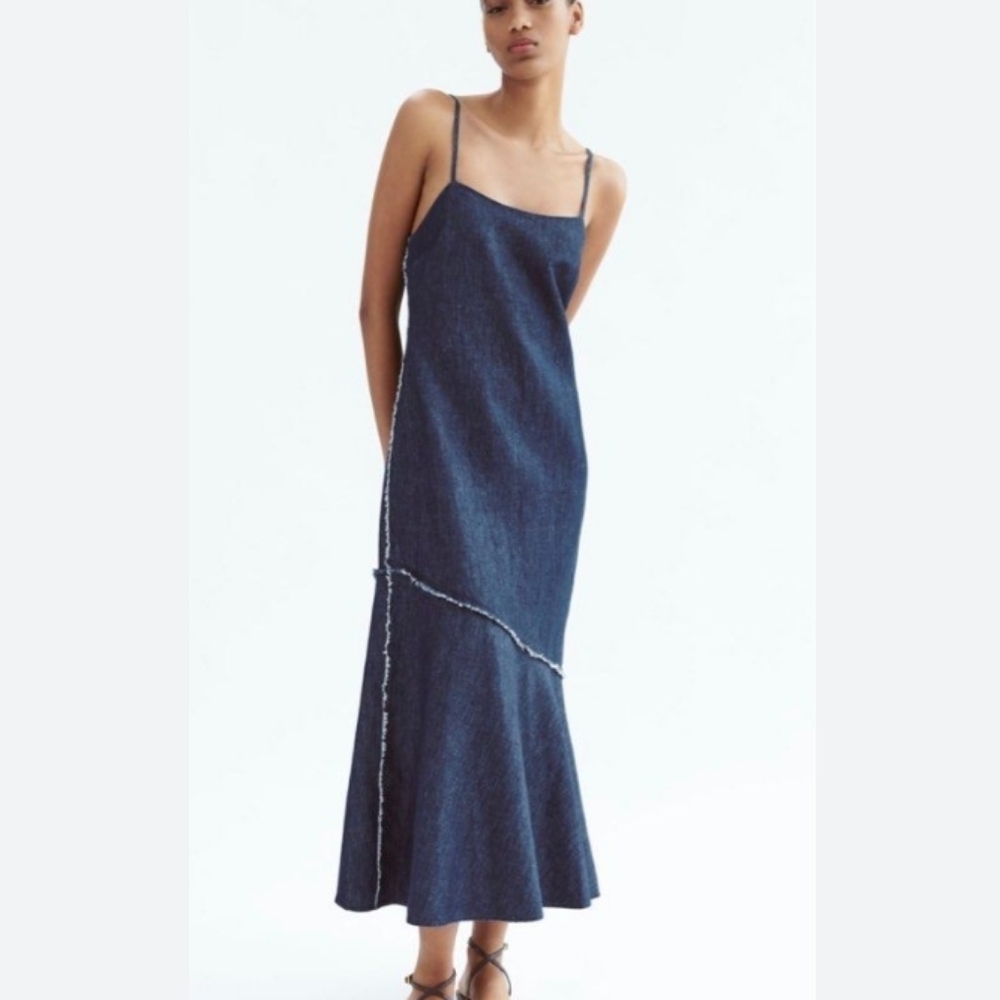 Zara Dark Blue Denim Midi Slip Dress